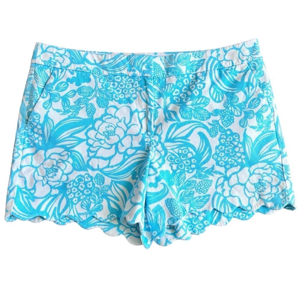 Talbots Blue & White Floral Print Scalloped Hem Cotton Shorts. Pockets. 16.